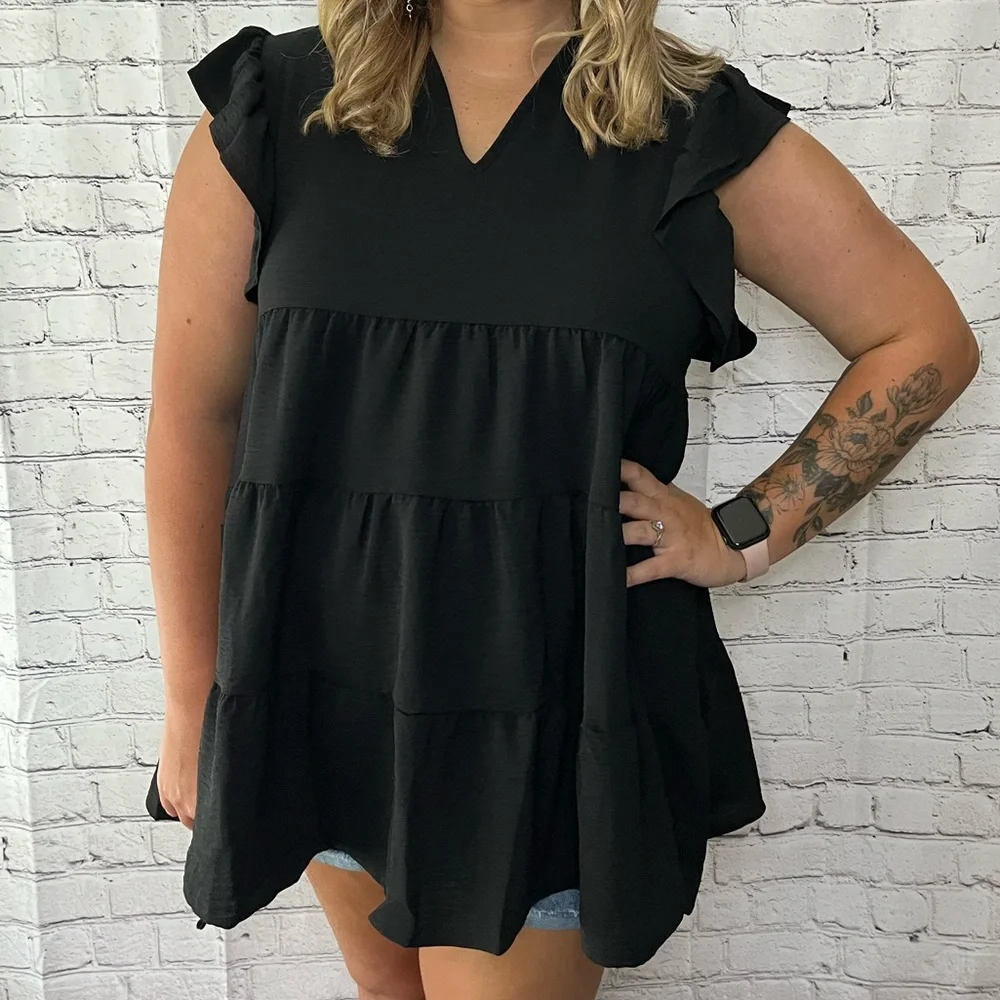 Zenana Black Layered Hem Ruffle Cap Sleeve Blouse - Picture 1 of 5